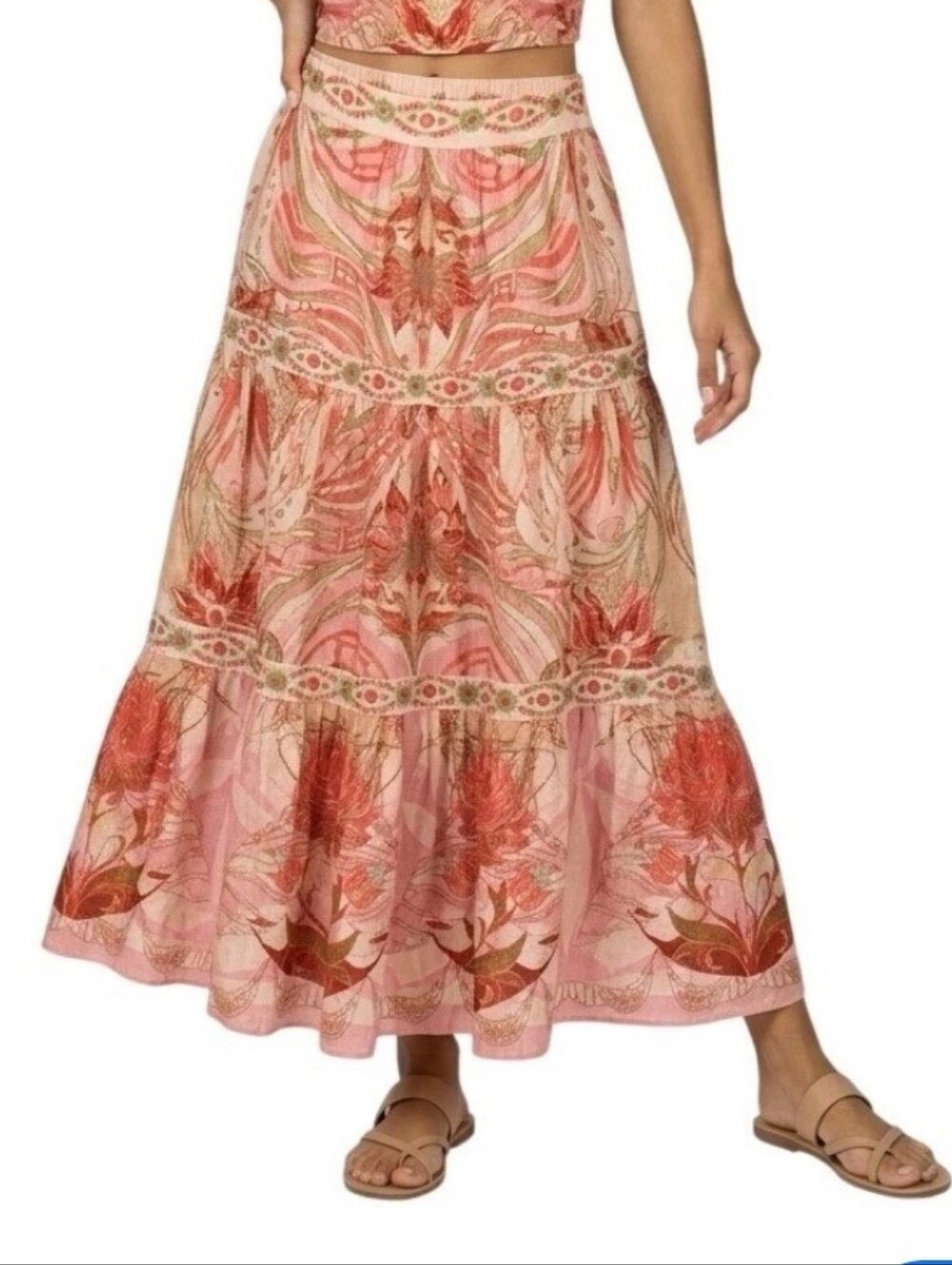 Bohemian Maxi Skirt Peasant Tiered Romantic Pink Paisley Pockets Beachy Resort